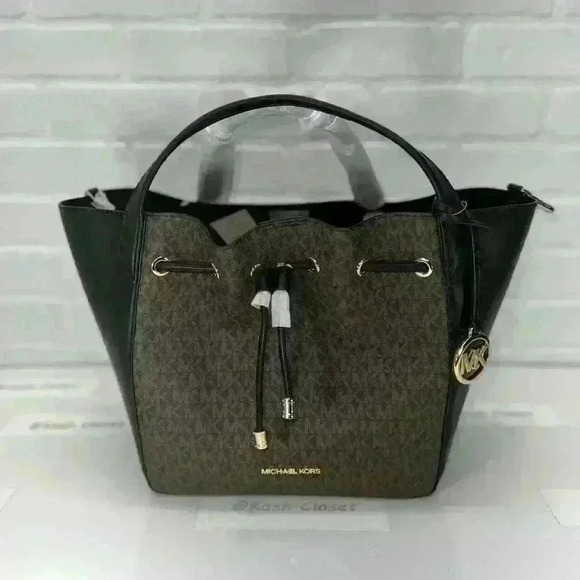 Michael Kors Bucket Phoebe Tote Bag Drawstring Large Purse Logo Brown Black
